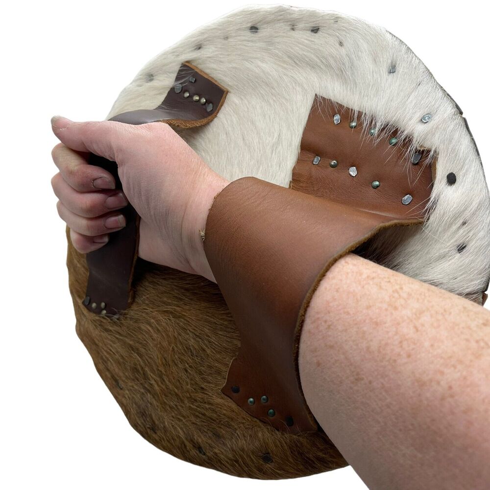 VIking Shield Hand Made Round Covered in Leather, Fabric, Calf Skin, Nail Detail - Picture 4 of 10
